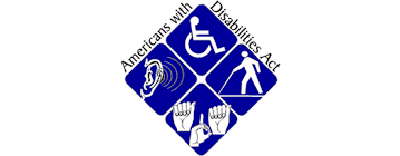 Americans with Disabilities Act logo with hearing, sign language wheel chair and blind person symbols.