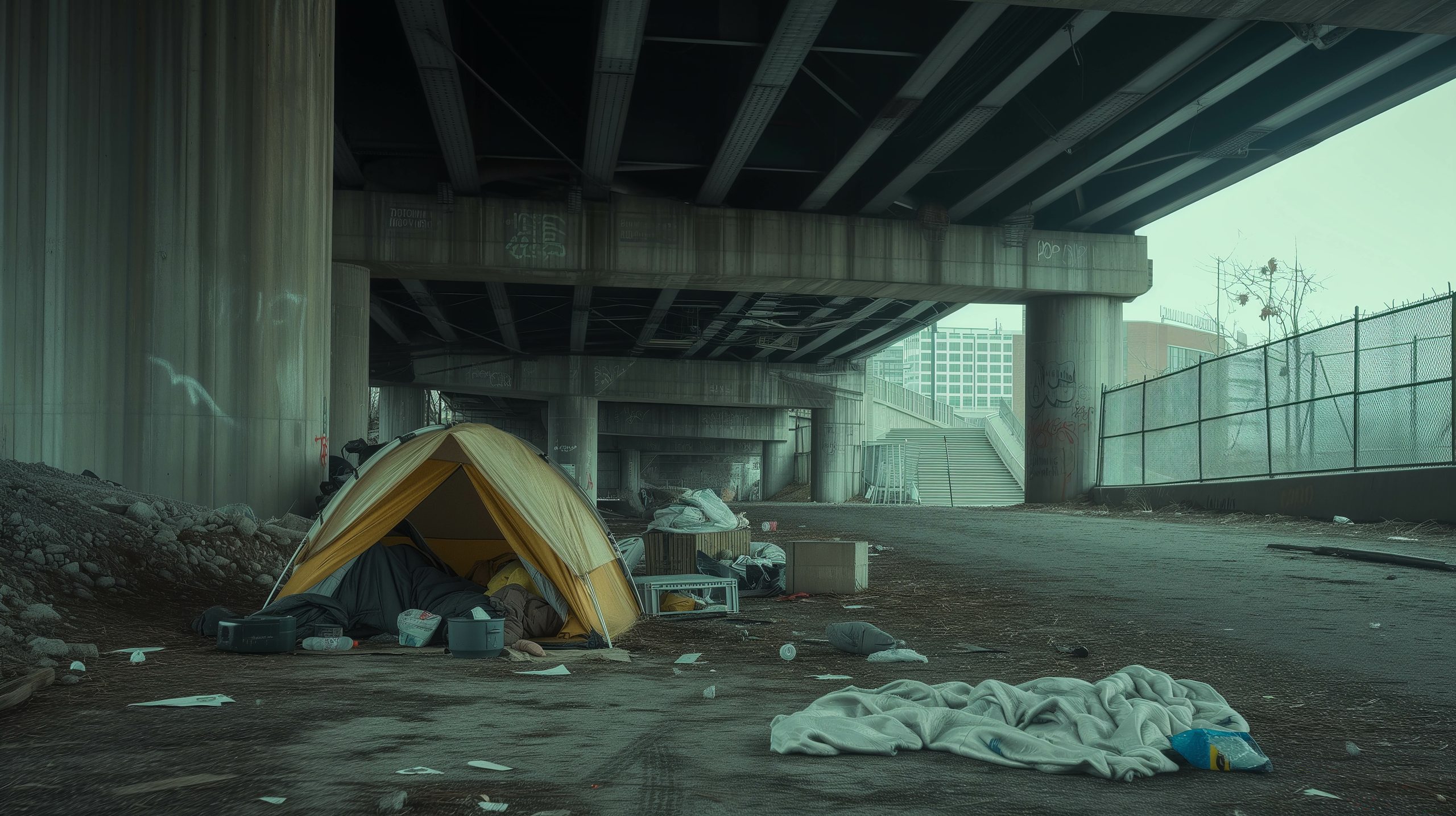 Homeless people seeking shelter under overpasses.