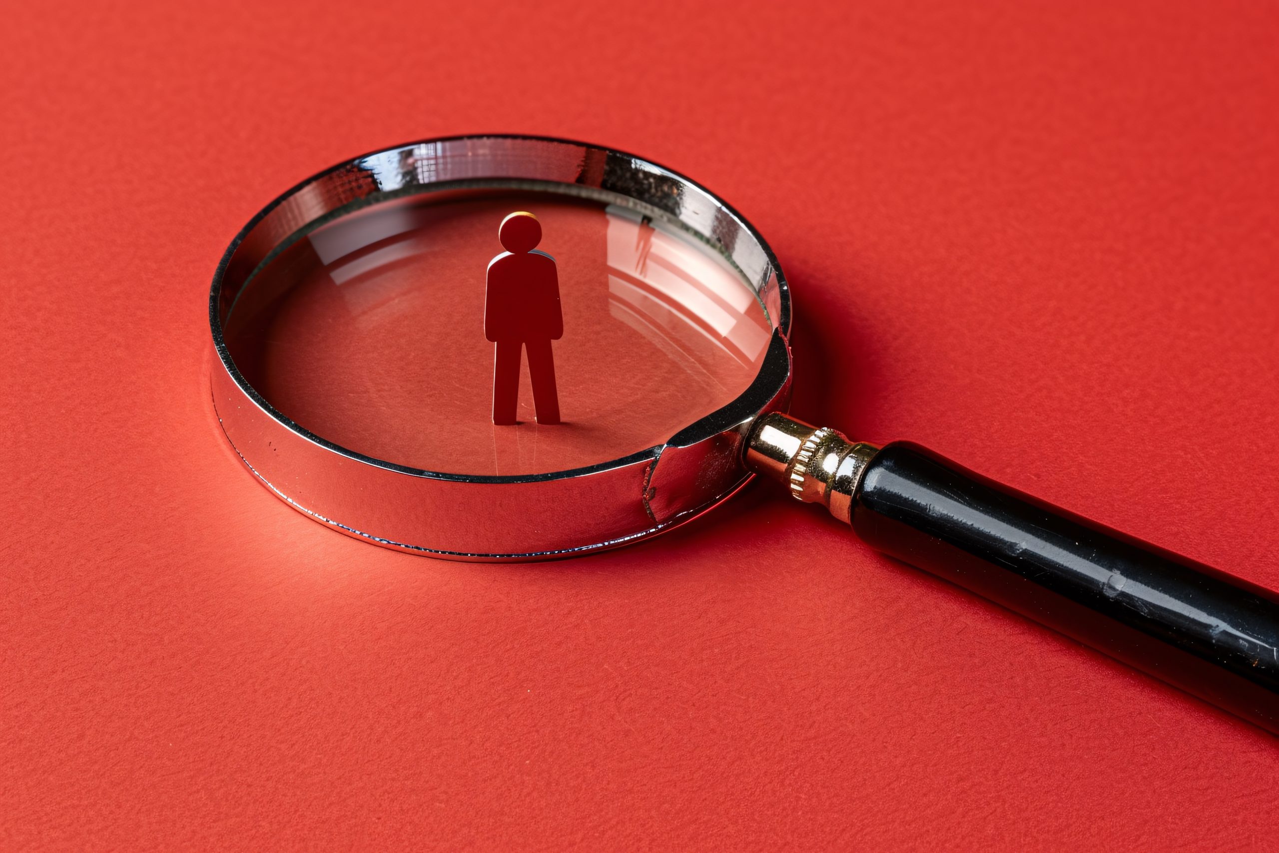 Magnifying glass focusing on a paper figure standing on a red background