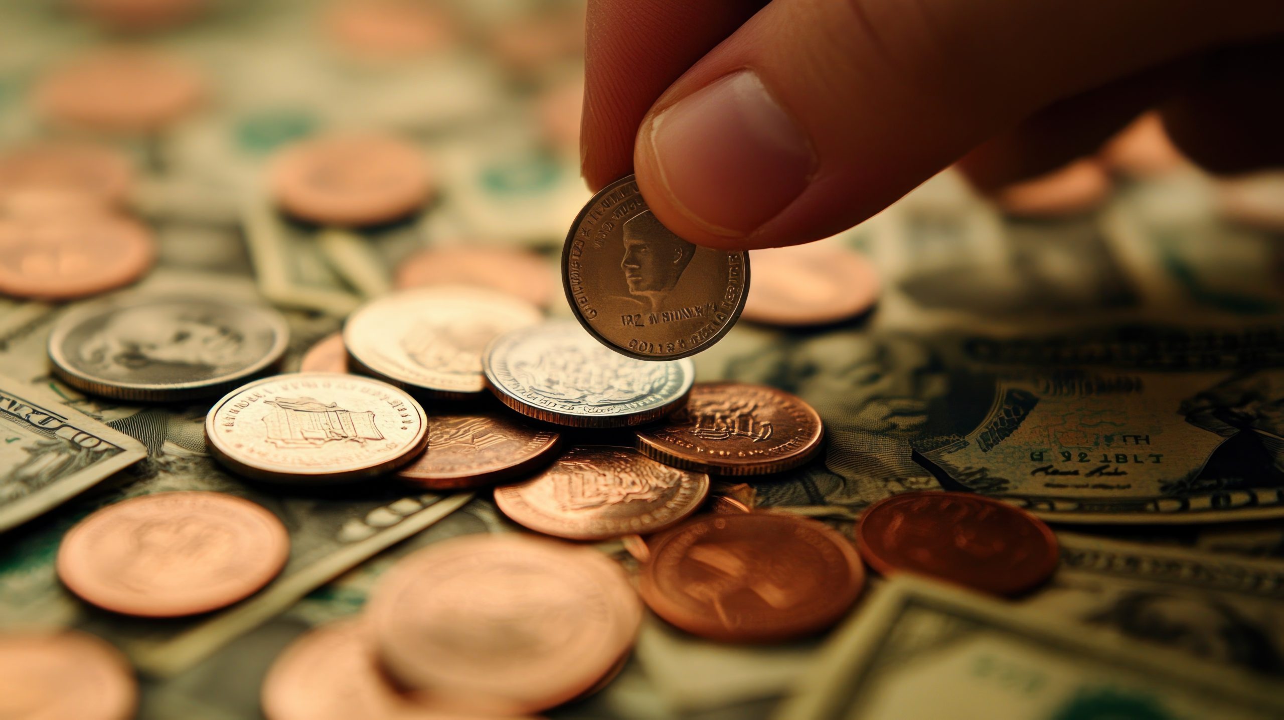 Hand placing coin on pile of US money