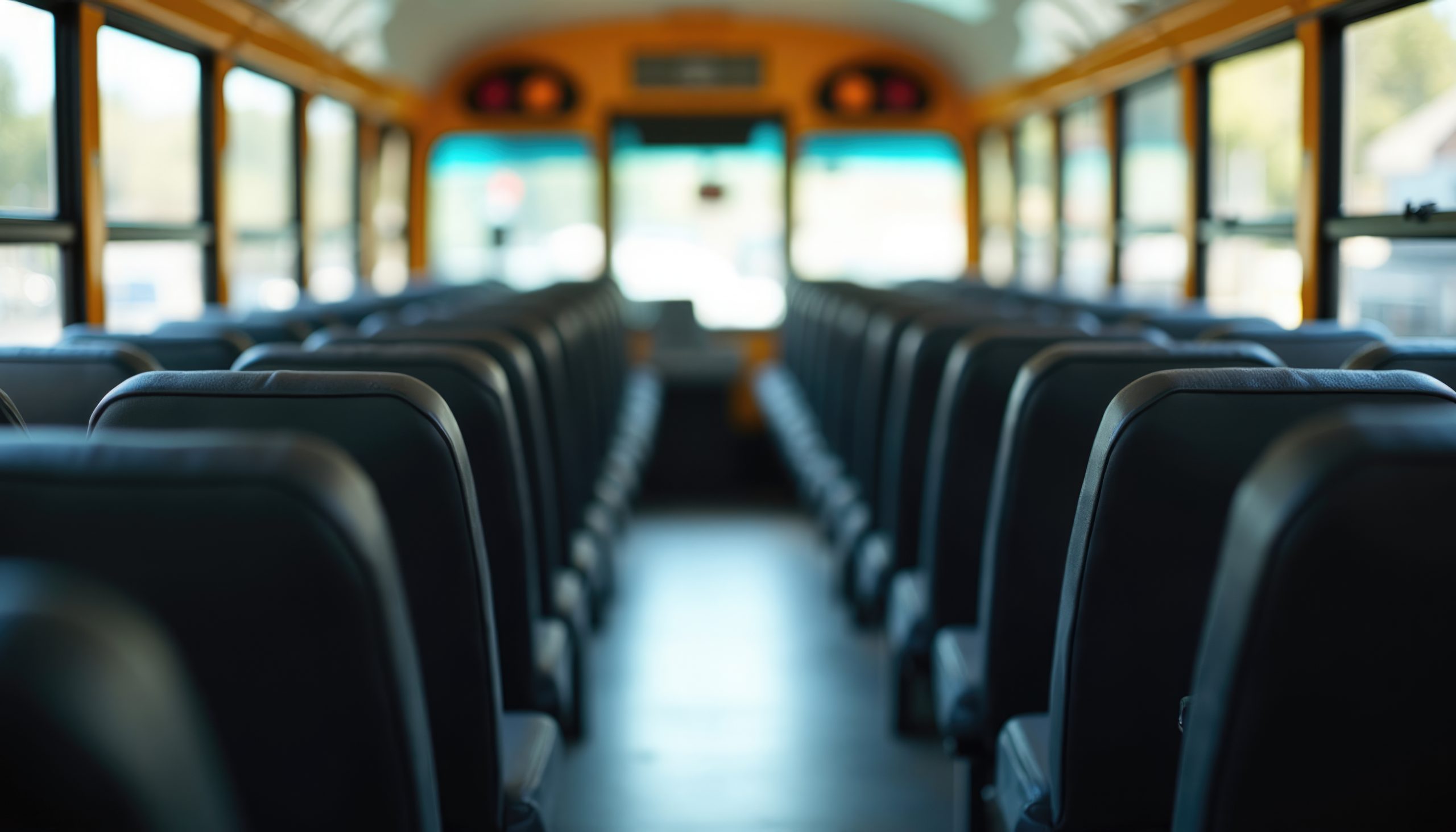 Empty school bus seats facing forward suggesting a journey ahead.