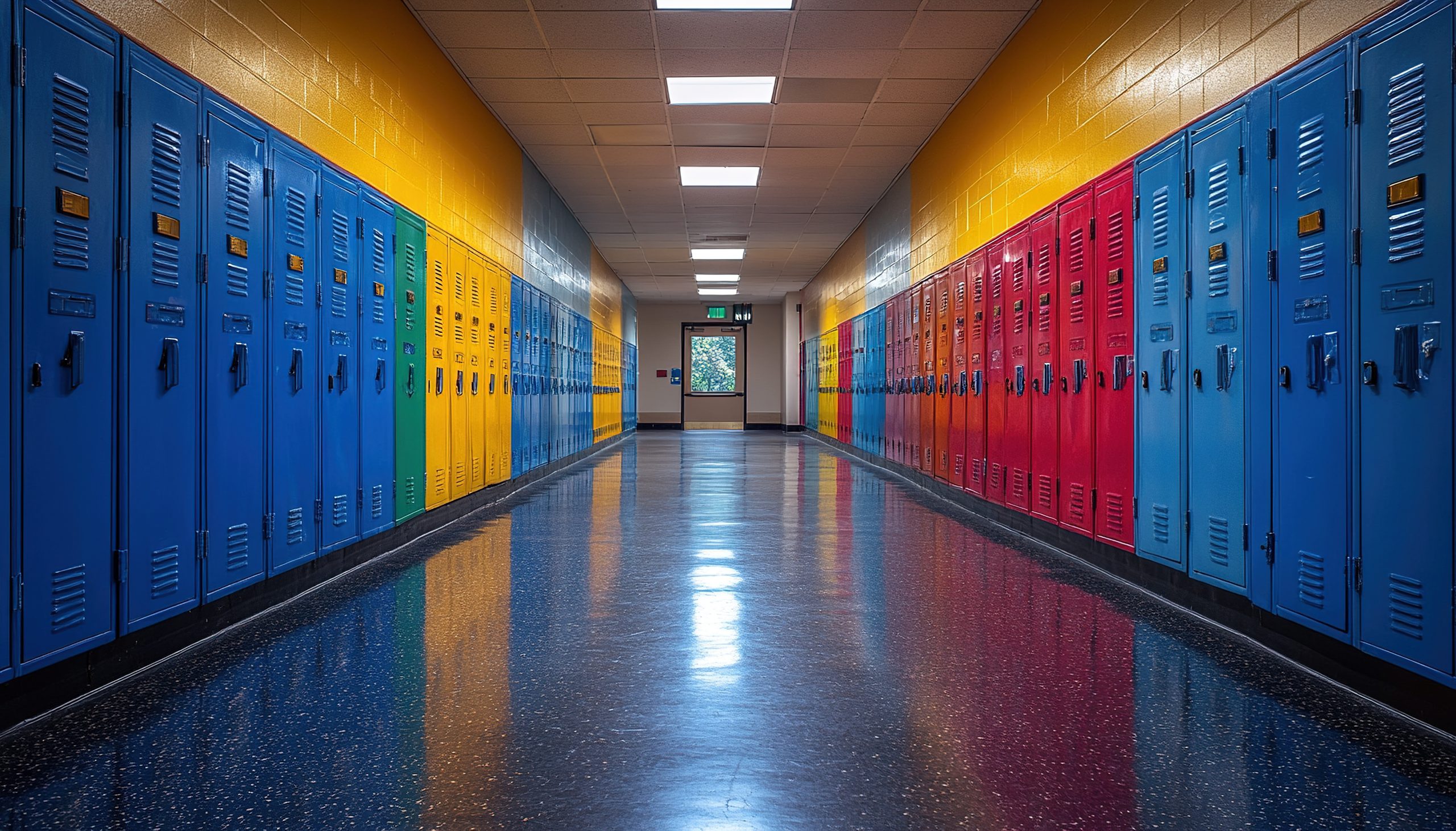 Empty school hallway with colorful lockers and distant exit door