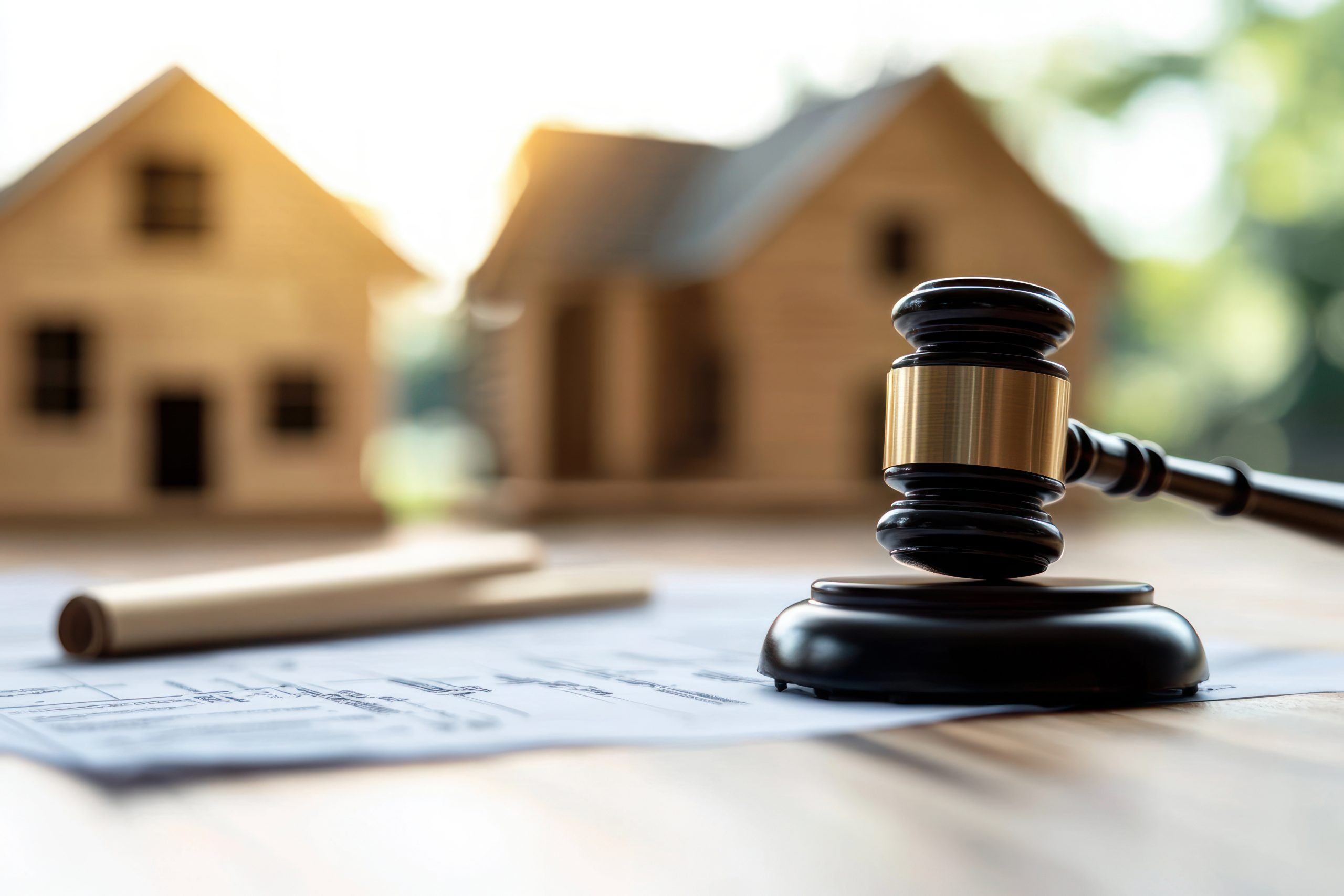 A courtroom scene with a gavel and foreclosure documents, illustrating the legal consequences of nonperforming loans
