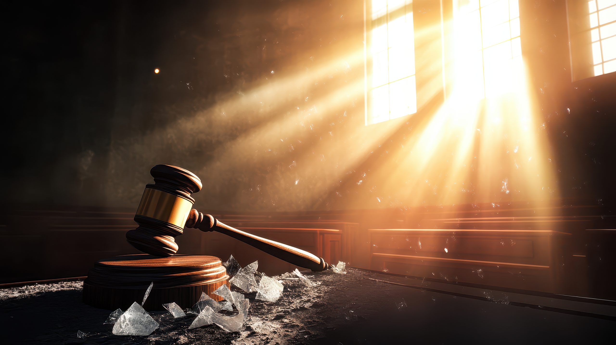 Law restriction Concept. Shattered gavel on courtroom bench with sunligh...