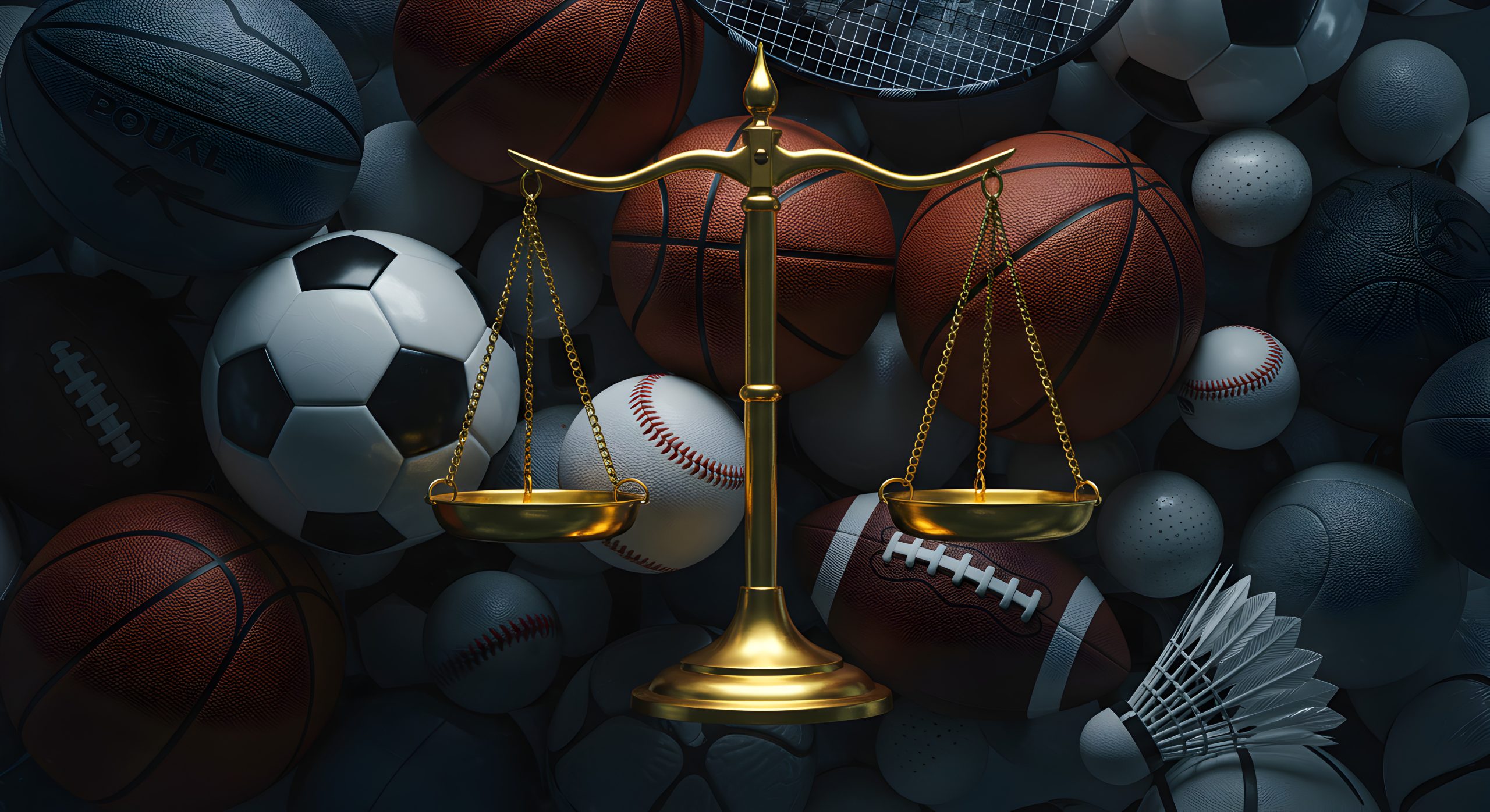 Golden Scales Balanced Atop Varied Sports Balls with Abstract Pixelated Background Showing Fair Game Legal Justice