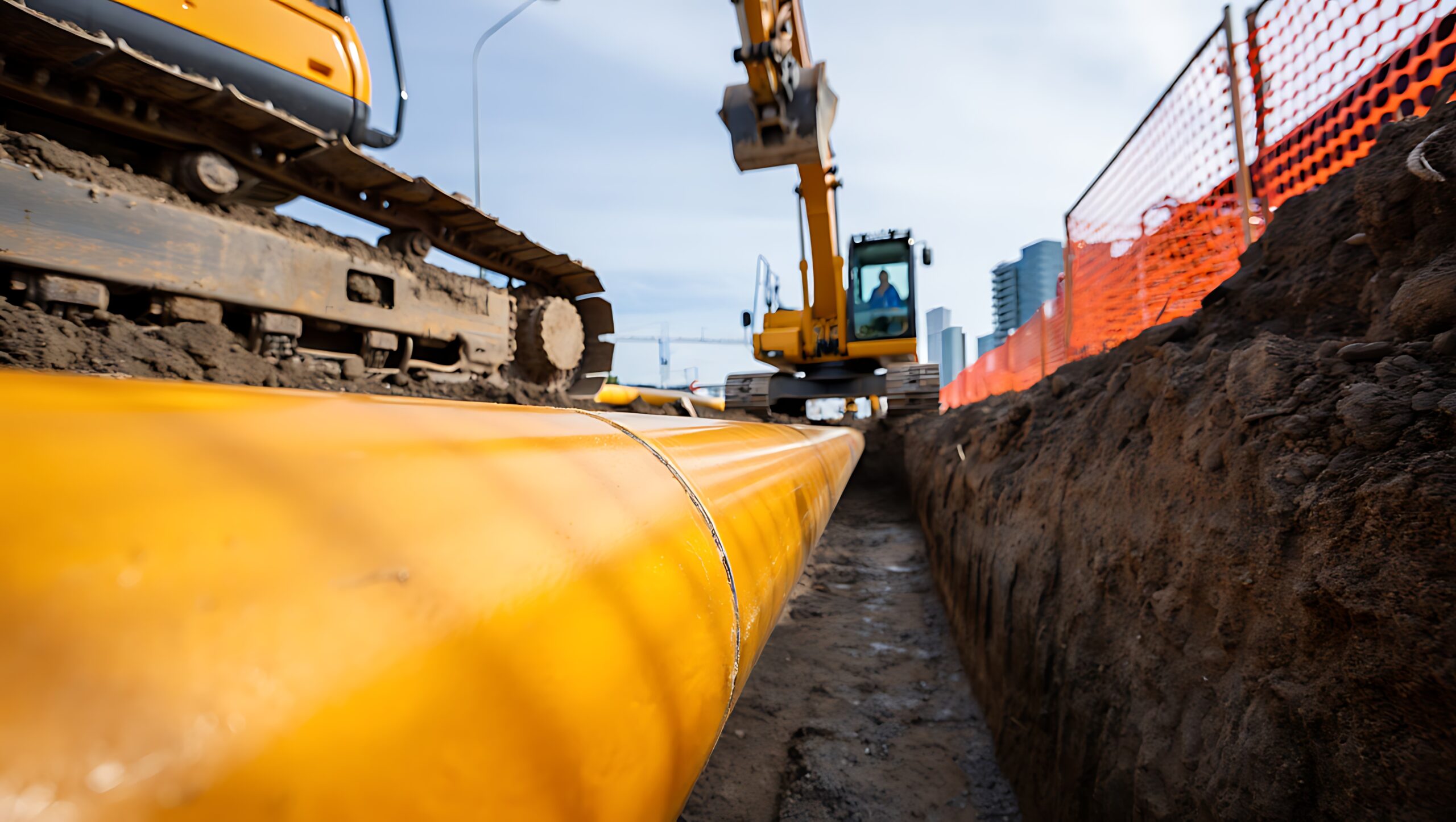 Excavator digging trench on urban street to install underground pipeline. Heavy construction machinery performs municipal utility infrastructure work for water, gas, or sewer systems today.