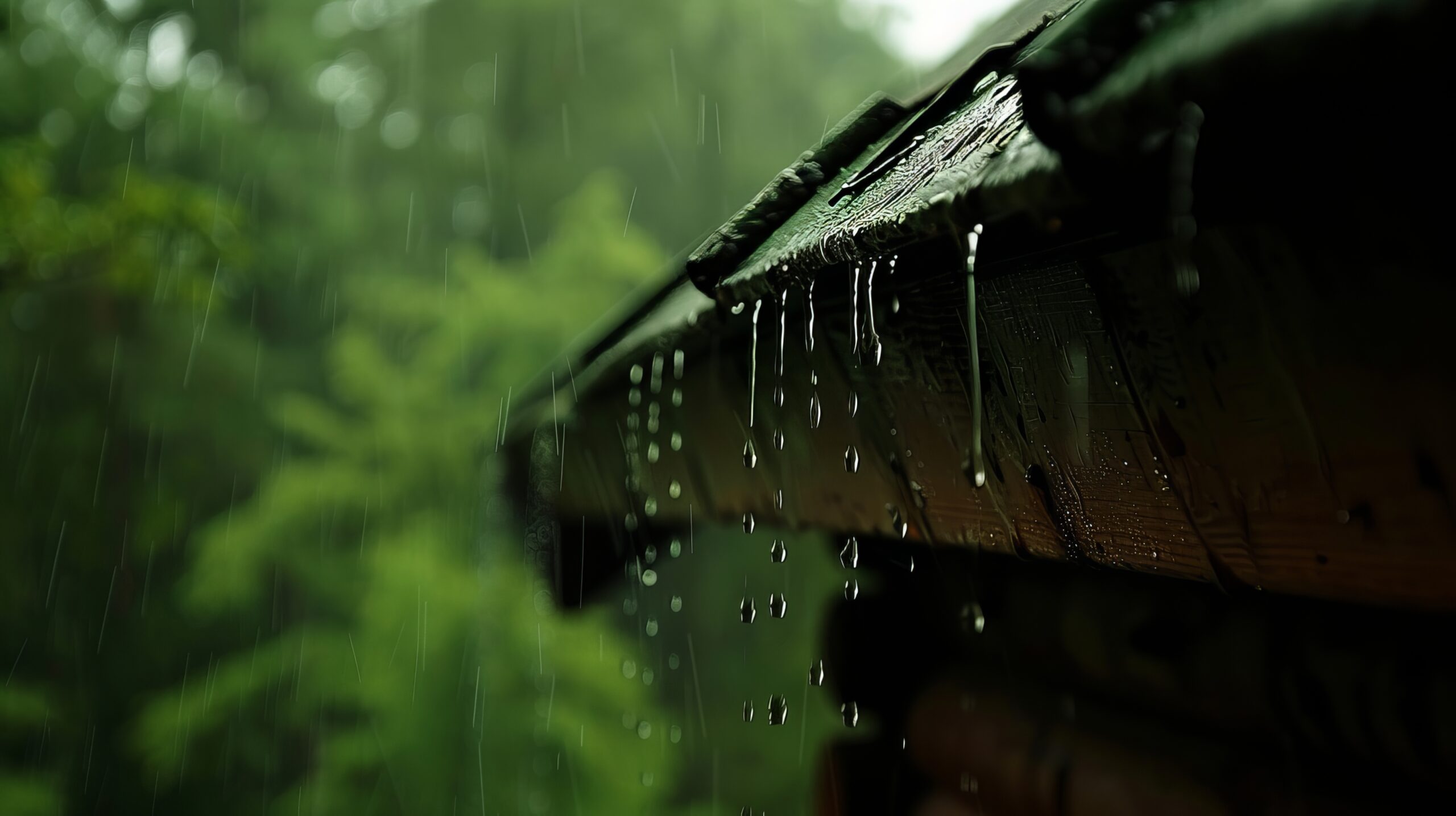 Close up view of water droplets cascading from a house gutter during a rainy day scene