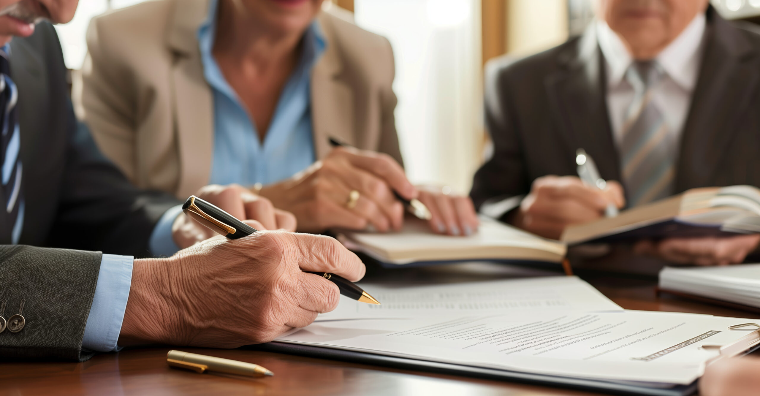 Estate Planning Consultation. Close-up of a lawyer advising clients on estate planning, hands signing documents.
