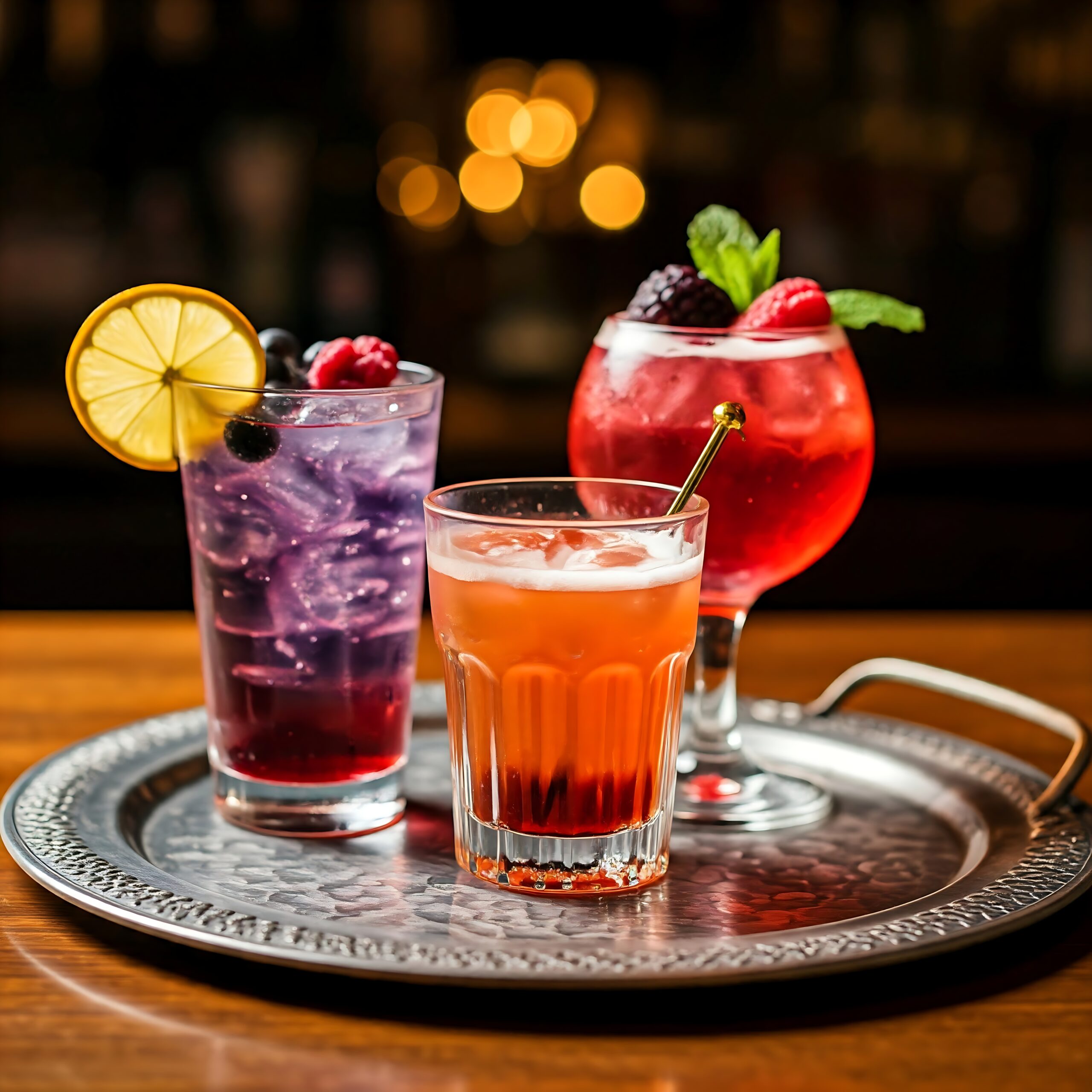 a variety of colorful cocktails on a silver tray, including a purple drink with berries, a red drink with berries, and an orange drink with a sugar rim, mimosa bar, flutes, orange juice, garnishes, pa