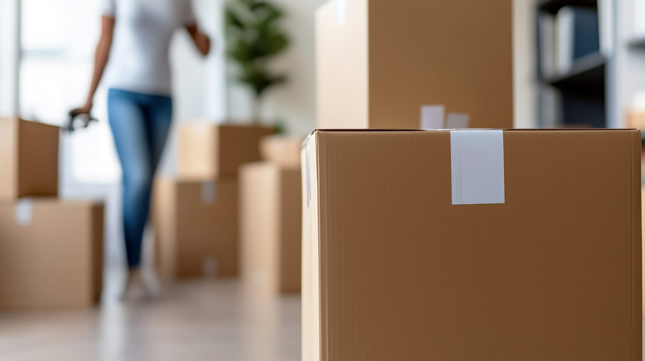 Milestones of life. A parent helping their child move into a college dorm by packing stuff in to parcel boxes.