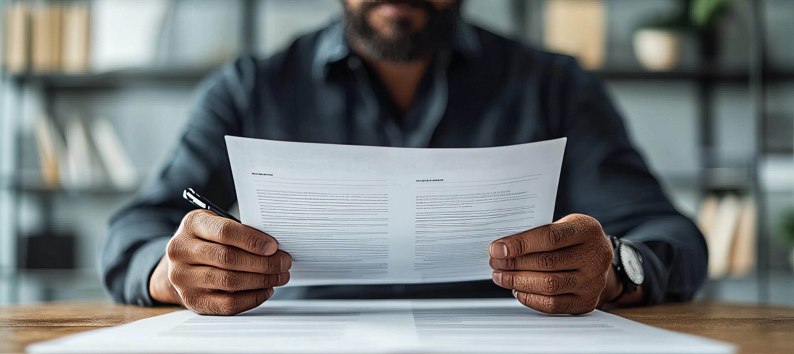 Professional Executive Conducting Thorough Review of Important Documents at Modern Office Desk